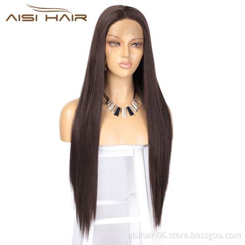 Aisi Hair Hot Selling Long Silky Straight Brown Wig Middle Part Swiss Lace Wig Cheap Synthetic Lace Front Wigs For Black Women